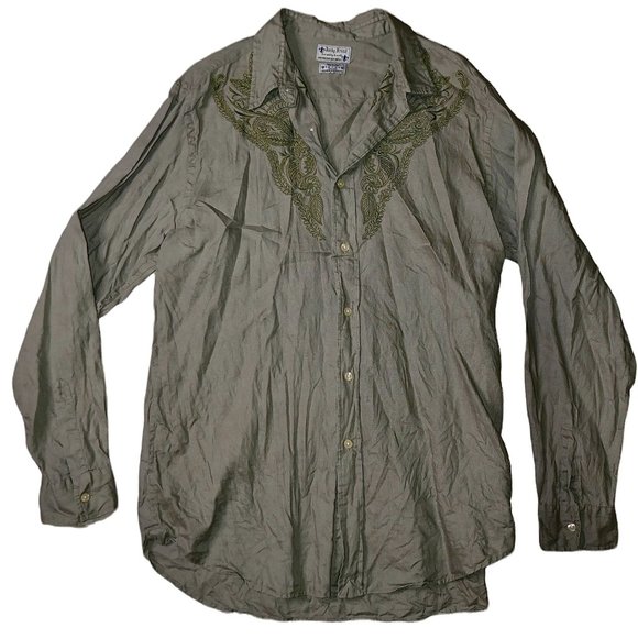 Lucky Brand Mens Green 100% Linen Embroidered Western Dress Shirt Size Large LG - Picture 1 of 11